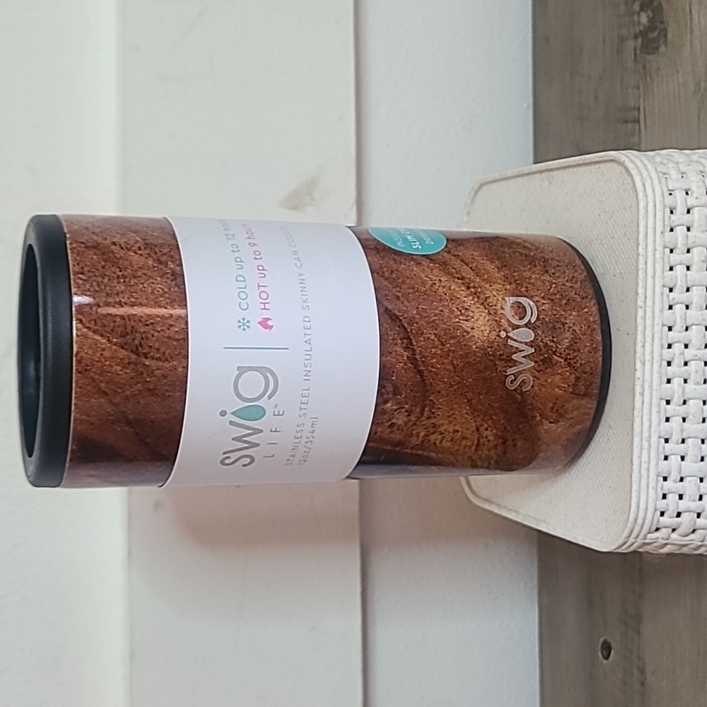 Swig Life Woodgrain Skinny Can Cooler Koozie Black Walnut Design 12 oz Slim Can